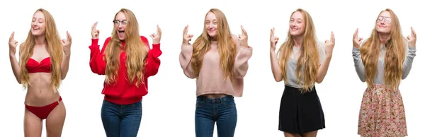 Колаж Молодої Блондинки Над Білим Ізольованим Тлом Посміхаючись Перетинаючи Пальці — стокове фото