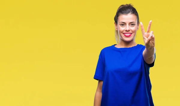 Mooie Jongedame Dragen Casual Blauw Shirt Geïsoleerde Achtergrond Weergeven Met — Stockfoto