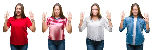 Collage Van Jong Mooi Meisje Witte Geïsoleerde Achtergrond Weergeven Met — Stockfoto