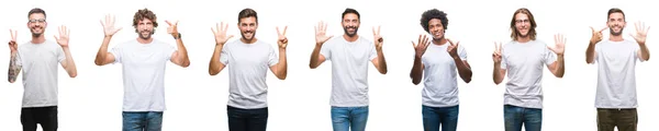 Collage Jóvenes Caucásicos Hispanos Afro Hombres Con Camiseta Blanca Sobre — Foto de Stock