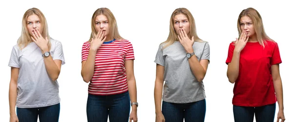 Collage Unga Vackra Blonda Kvinnan Bär Shirt Över Vita Isolerade — Stockfoto