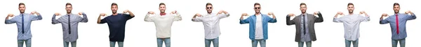 Collage Jeune Homme Sur Fond Blanc Isolé Regardant Confiant Avec — Photo