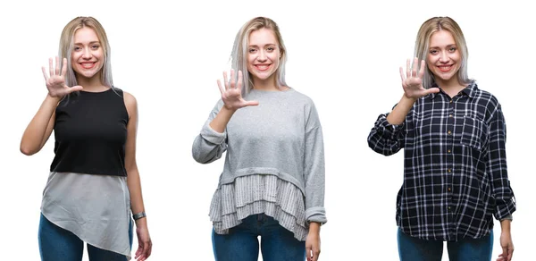Коллаж Красивой Блондинки Изолированном Фоне Показывая Показывая Пальцами Номер Пять — стоковое фото