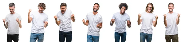 白で白い シャツを着ている若い白人 ヒスパニック 黒人男性のコラージュは 非常に幸せと興奮して腕を上げると 笑みを浮かべて 成功のために叫んで勝者ジェスチャーを行う背景を分離しました お祝いのコンセプト — ストック写真