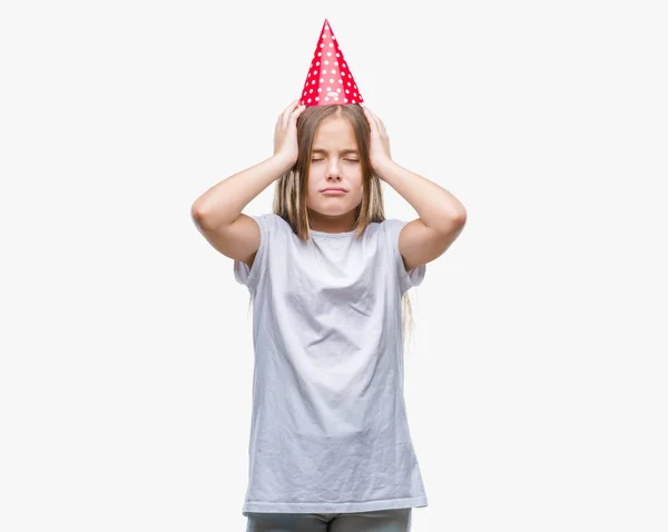 Young Beautiful Girl Wearing Birthday Cap Isolated Background Suffering Headache — Stock Photo, Image