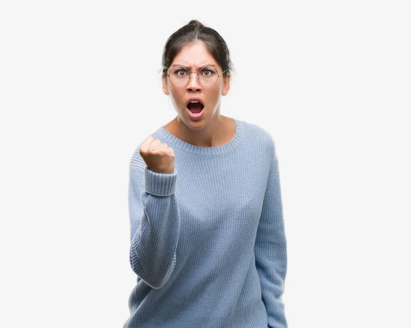 Young Beautiful Hispanic Woman Wearing Bun Annoyed Frustrated Shouting Anger — Stock Photo, Image