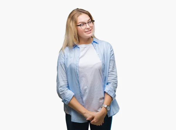 Jovem Mulher Negócios Caucasiana Vestindo Óculos Sobre Fundo Isolado Olhando — Fotografia de Stock