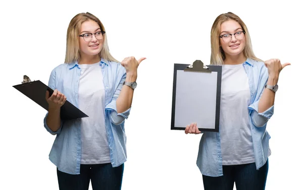 Collage Einer Jungen Schönen Blonden Geschäftsfrau Die Klemmbrett Über Weißem — Stockfoto