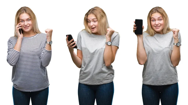 Colagem Jovem Bela Mulher Negócios Loira Usando Smartphone Sobre Branco — Fotografia de Stock