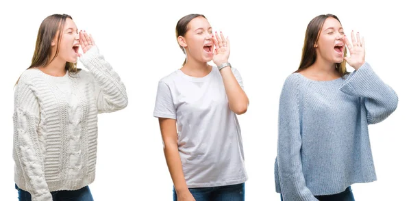 叫ぶと 口の中に手の側に大声で叫んで白い分離の背景に冬のセーターを着ている美しい少女のコラージュ 通信の概念 — ストック写真