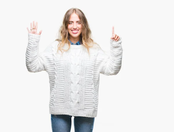 Beautiful Young Blonde Woman Wearing Winter Sweater Isolated Background Showing — Stock Photo, Image