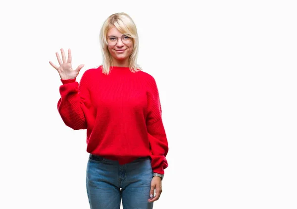 Jonge Mooie Blonde Vrouw Dragen Trui Glazen Geïsoleerde Achtergrond Weergeven — Stockfoto