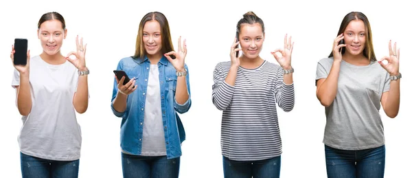 年轻女孩拼贴使用智能手机在白色隔离的背景做确定的标志与手指 优秀的符号 — 图库照片