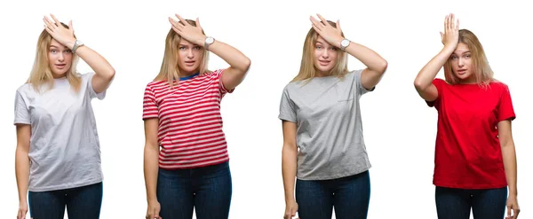 Colagem Jovem Bela Mulher Loira Vestindo Uma Camiseta Sobre Branco — Fotografia de Stock