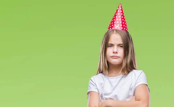 Mooi Meisje Verjaardag Glb Dragen Geïsoleerde Achtergrond Scepticus Nerveus Afkeurende — Stockfoto