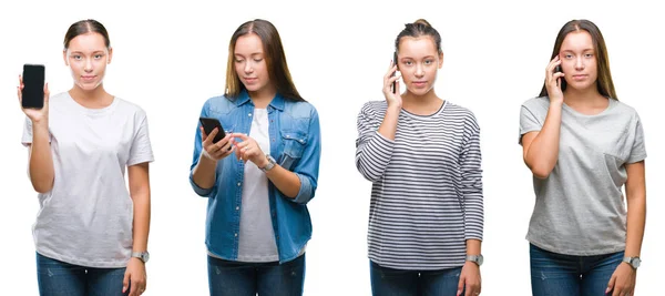 Collage Young Girl Using Smartphone White Isolated Background Confident Expression — Stock Photo, Image