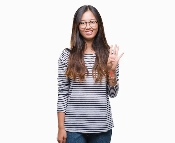Jeune Femme Asiatique Portant Des Lunettes Sur Fond Isolé Montrant — Photo