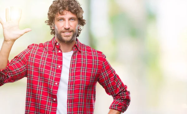 Handsome Hispanic Model Man Isolated Background Showing Pointing Fingers Number — Stock Photo, Image