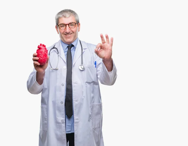 Handsome Senior Cardiologist Doctor Man Holding Heart Isolated Background Doing — Stock Photo, Image