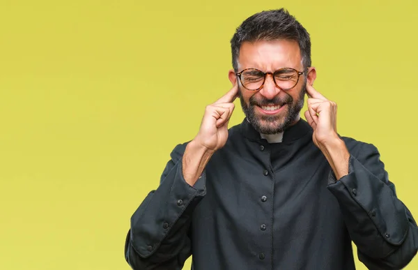 Adult Hispanic Catholic Priest Man Isolated Background Covering Ears Fingers — Stock Photo, Image