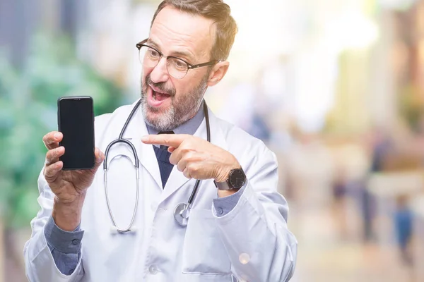 Middle Age Senior Hoary Doctor Man Showing Smartphone Screen Isolated — Stock Photo, Image