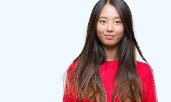 Jovem Mulher Asiática Vestindo Camisola Inverno Sobre Fundo Isolado Com — Fotografia de Stock