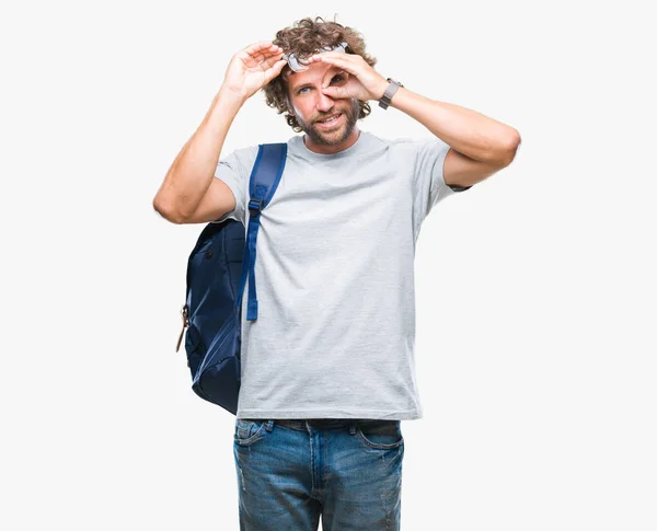 Hombre Estudiante Hispano Guapo Usando Mochila Gafas Sobre Fondo Aislado —  Fotos de Stock