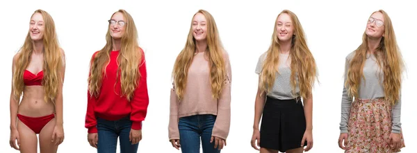 Collage Ung Blond Tjej Över Vit Isolerade Bakgrund Winking Tittar — Stockfoto