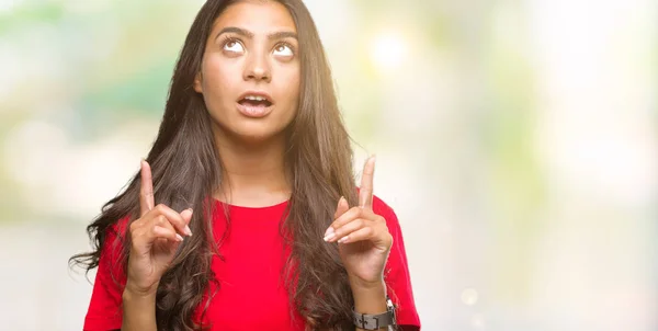 Young Beautiful Arab Woman Isolated Background Amazed Surprised Looking Pointing — Stock Photo, Image