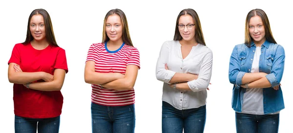 Collage Eines Jungen Schönen Mädchens Vor Weißem Isoliertem Hintergrund Das — Stockfoto