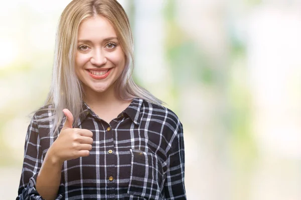 Junge Blonde Frau Mit Isoliertem Hintergrund Macht Glückliche Daumen Nach — Stockfoto