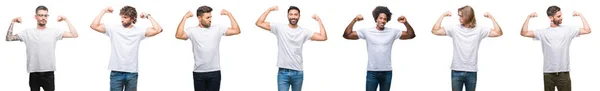 年轻的白种人 西班牙裔 非洲男子穿着白色 T恤在白色孤立的背景显示手臂肌肉微笑自豪 健身理念 — 图库照片