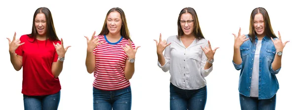 Colagem Menina Bonita Jovem Sobre Fundo Isolado Branco Gritando Com — Fotografia de Stock