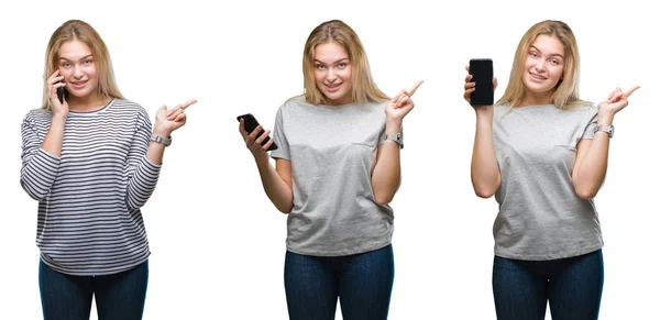 Kolaż Kobieta Młody Biznes Blond Przy Użyciu Smartfona Przez Biały — Zdjęcie stockowe