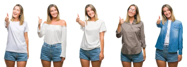 Collage Van Blonde Mooie Vrouw Dragen Casual Look Witte Geïsoleerde — Stockfoto