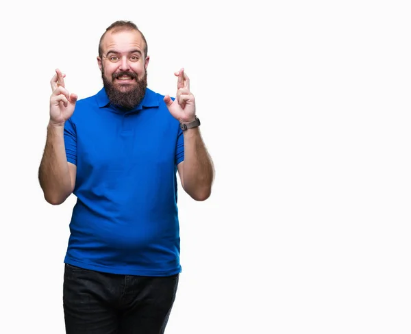 Unga Kaukasiska Hipster Mannen Klädd Blå Tröja Över Isolerade Bakgrund — Stockfoto