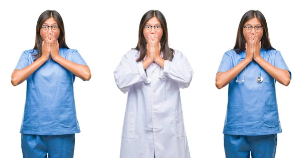 アジアの若い外科医の医師や看護師女性ミスのため手で口を覆っているショックを受けて孤立した白地の上に立ってのコラージュ 秘密の概念 — ストック写真
