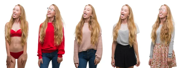 Collage Eines Jungen Blonden Mädchens Über Weißem Isoliertem Hintergrund Das — Stockfoto
