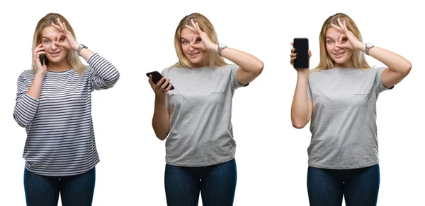 Collage Unga Vackra Blond Affärskvinna Med Smartphone Över Vita Isolerade — Stockfoto