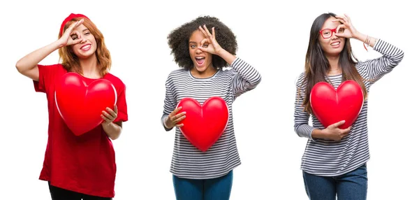 Collage Giovani Donne Che Tengono Cuore Rosso Sfondo Isolato Con — Foto Stock