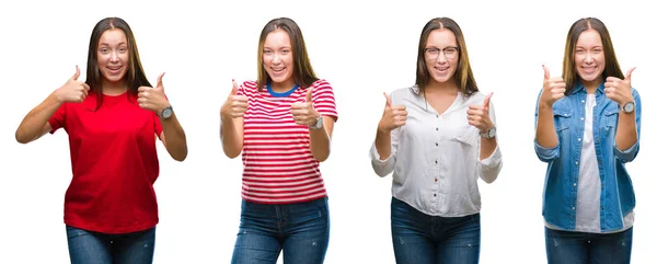 Collage Von Jungen Schönen Mädchen Über Weißen Isolierten Hintergrund Erfolgszeichen — Stockfoto