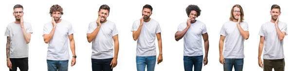 歯痛や歯の歯科病気のため痛みを伴う式で手で口に触れる白い分離背景に白い シャツを着て若い白人 ヒスパニック 黒人男性のコラージュ 歯医者コンセプト — ストック写真