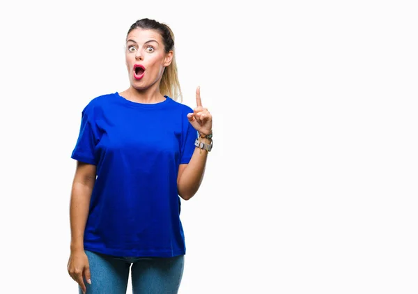 Mujer Hermosa Joven Que Usa Una Camiseta Azul Casual Sobre — Foto de Stock