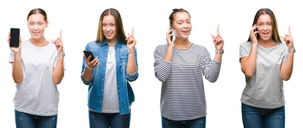 年轻女孩拼贴使用智能手机在白色隔离的背景惊讶的想法或问题指向手指与快乐的面孔 — 图库照片