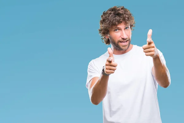 Bonito Homem Modelo Hispânico Sobre Fundo Isolado Apontando Dedos Para — Fotografia de Stock