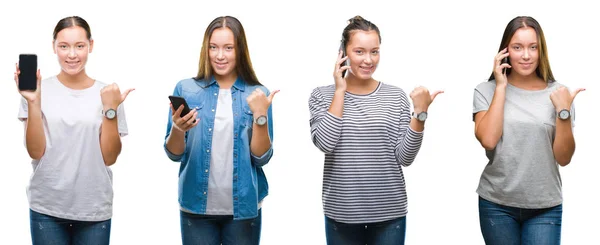 Collage Young Girl Using Smartphone White Isolated Background Pointing Showing — Stock Photo, Image