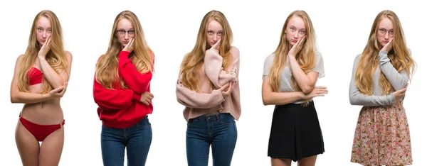 Collage Eines Jungen Blonden Mädchens Mit Weißem Isoliertem Hintergrund Das — Stockfoto