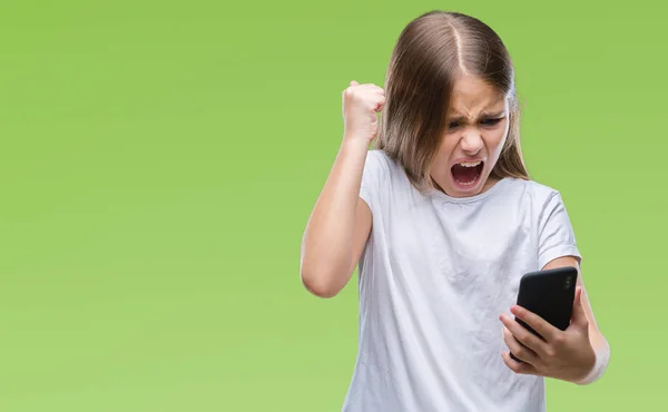 Mooi Meisje Verzenden Bericht Sms Smarpthone Geïsoleerde Achtergrond Boos Gefrustreerd — Stockfoto