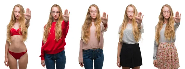 Collage Eines Jungen Blonden Mädchens Vor Weißem Isoliertem Hintergrund Das — Stockfoto