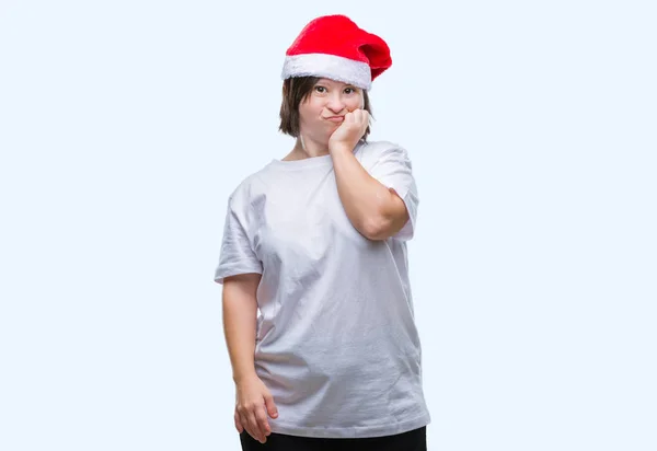 Mujer Adulta Joven Con Síndrome Que Usa Sombrero Navidad Sobre —  Fotos de Stock